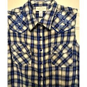 Women's plaid pearl snap western sleeveless SHIRT Embroidered Cowgirl rodeo S